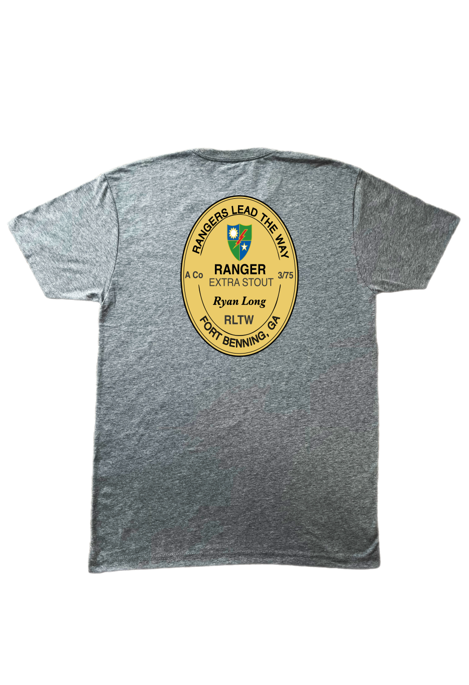 RANGER_STOUT_BACK_GREY Custom-designed t-shirt with an oval shaped circle that says Ranger Extra Stout and displays the name Ryan Long on it.