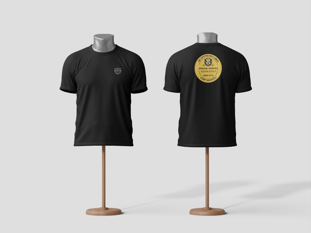 Tshirt_mockup Picture of two t-shirts the first has the special forces logo on it and the second has a circle with the words Special Forces Extra Stout printed on it.