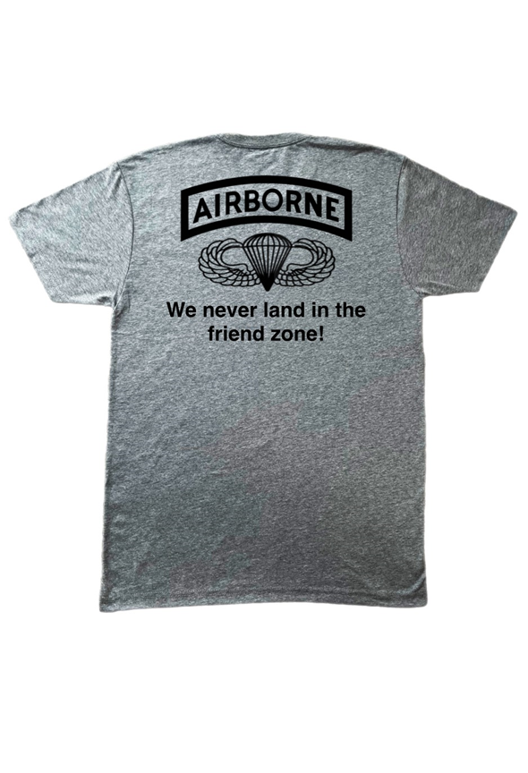 image (4) Custom-designed t-shirt that has a U.S. Army Airborne tab and below it says "airborne never lands in the friend zone".