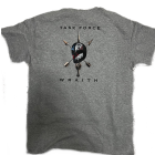 Custom-designed t-shirt that says "task force wraith" and has a picture of a red, white, and blue punisher style skull with a dagger stuck through it.