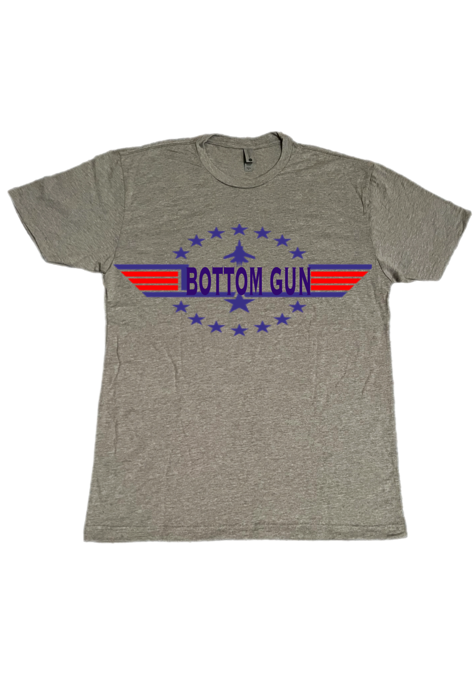 Bottom Gun T-Shirt T-shirt that has the words bottom gun and the decorative stars and a jet fighter plane printed on it.