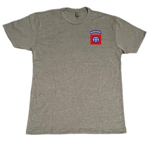 T-Shirt that has an Amry 82nd Airborne patch printed on it.